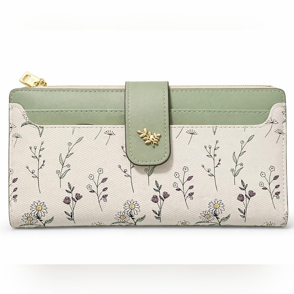 Floral Print Wallet with Sage Trim - Women's Long Zip Clutch